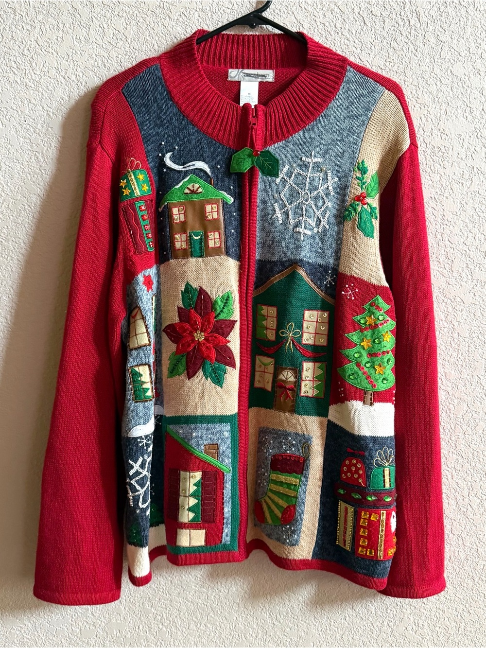 Vintage Dress Barn Christmas Cardigan Sweater Patchwork Zip Front Womens 1X Twee